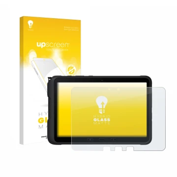 Vorderseite einer Produktverpackung mit dem Markenlogo upscreen. Daneben ist das Gerät Samsung Galaxy Tab Active 4 Pro mit dem