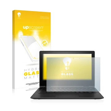 Vorderseite einer Produktverpackung mit dem Markenlogo upscreen. Daneben ist das Gerät HP Chromebook x360 11 G3 mit dem zugehö