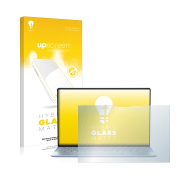 Vorderseite einer Produktverpackung mit dem Markenlogo upscreen. Daneben ist das Gerät Dell XPS 13 9315 Touch mit dem zugehöri