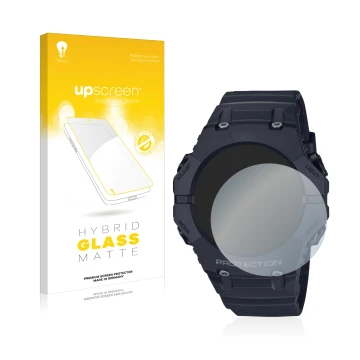 Vorderseite einer Produktverpackung mit dem Markenlogo upscreen. Daneben ist das Gerät Casio G-Shock GA-B001 mit dem zugehörig