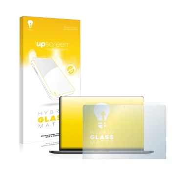 Vorderseite einer Produktverpackung mit dem Markenlogo upscreen. Daneben ist das Gerät Apple MacBook Pro 13