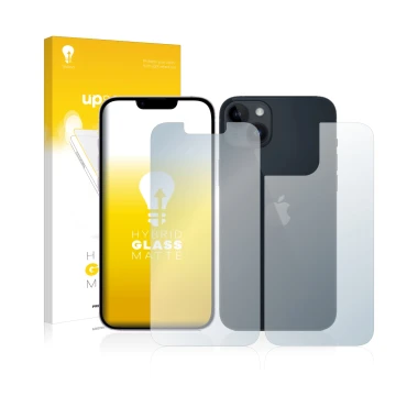 Vorderseite einer Produktverpackung mit dem Markenlogo upscreen. Daneben ist das Gerät Apple iPhone 14 (Display+Rückseite) mit