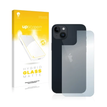 Vorderseite einer Produktverpackung mit dem Markenlogo upscreen. Daneben ist das Gerät Apple iPhone 14 Plus (Rückseite) mit de