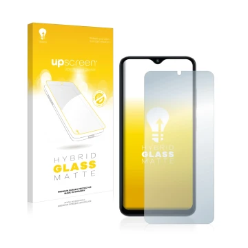 Vorderseite einer Produktverpackung mit dem Markenlogo upscreen. Daneben ist das Gerät Xiaomi Poco M5 mit dem zugehörigen Disp