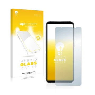 Vorderseite einer Produktverpackung mit dem Markenlogo upscreen. Daneben ist das Gerät ASUS ROG Phone 6D Ultimate mit dem zuge