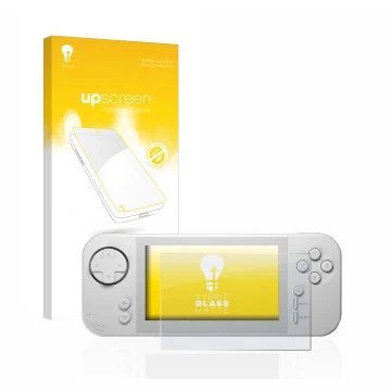 Vorderseite einer Produktverpackung mit dem Markenlogo upscreen. Daneben ist das Gerät Evercade EXP mit dem zugehörigen Displa