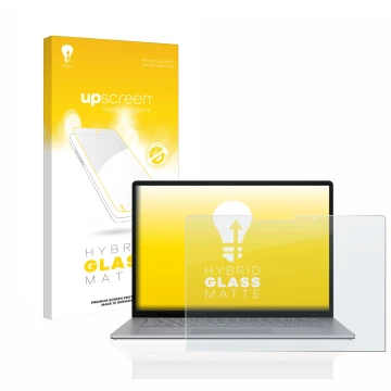 Vorderseite einer Produktverpackung mit dem Markenlogo upscreen. Daneben ist das Gerät Microsoft Surface Laptop 5 13.5