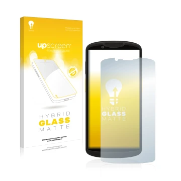 Vorderseite einer Produktverpackung mit dem Markenlogo upscreen. Daneben ist das Gerät Zebra TC58 mit dem zugehörigen Displays