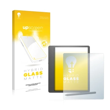 Vorderseite einer Produktverpackung mit dem Markenlogo upscreen. Daneben ist das Gerät Amazon Kindle Scribe mit dem zugehörige