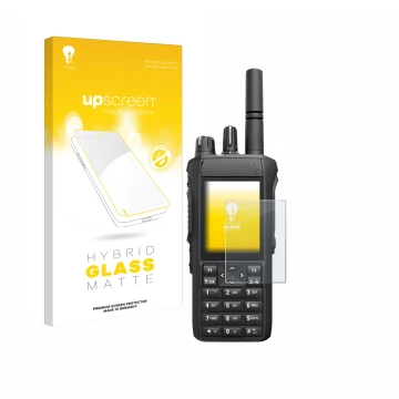 Vorderseite einer Produktverpackung mit dem Markenlogo upscreen. Daneben ist das Gerät Motorola R7 mit dem zugehörigen Display