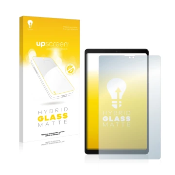 Vorderseite einer Produktverpackung mit dem Markenlogo upscreen. Daneben ist das Gerät Samsung Galaxy Tab A7 Lite 2022 mit dem