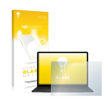 Vorderseite einer Produktverpackung mit dem Markenlogo upscreen. Daneben ist das Gerät Microsoft Surface Laptop 5 15