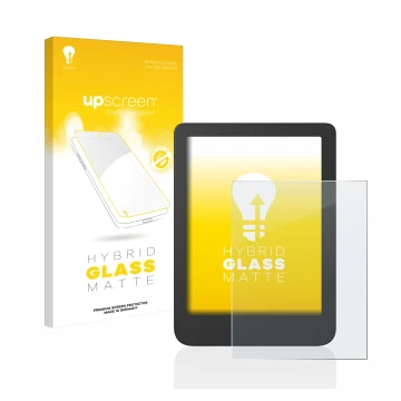 Vorderseite einer Produktverpackung mit dem Markenlogo upscreen. Daneben ist das Gerät Tolino Shine 4 mit dem zugehörigen Disp