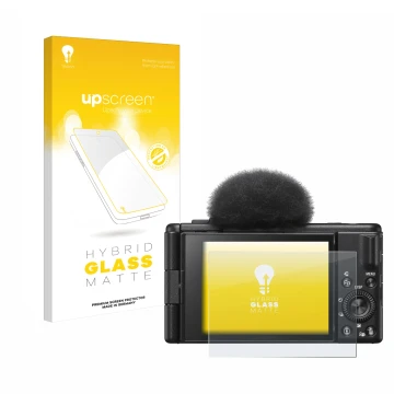 Vorderseite einer Produktverpackung mit dem Markenlogo upscreen. Daneben ist das Gerät Sony ZV-1F mit dem zugehörigen Displays