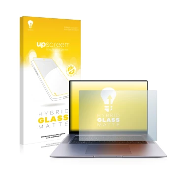 Vorderseite einer Produktverpackung mit dem Markenlogo upscreen. Daneben ist das Gerät Huawei MateBook 16s mit dem zugehörigen