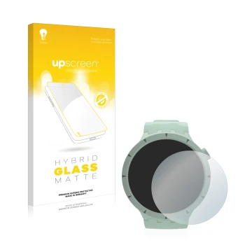 Vorderseite einer Produktverpackung mit dem Markenlogo upscreen. Daneben ist das Gerät Swatch Big Bold Bioceramic mit dem zuge