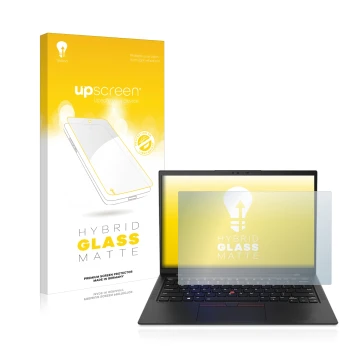 Vorderseite einer Produktverpackung mit dem Markenlogo upscreen. Daneben ist das Gerät Lenovo ThinkPad X1 Carbon Touch 14