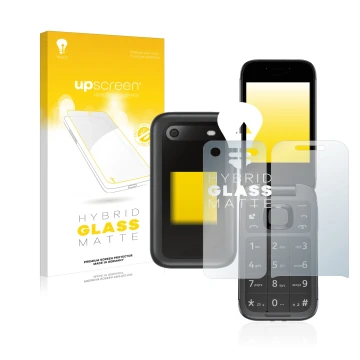 Vorderseite einer Produktverpackung mit dem Markenlogo upscreen. Daneben ist das Gerät Nokia 2660 Flip (Display+Rückseite) mit