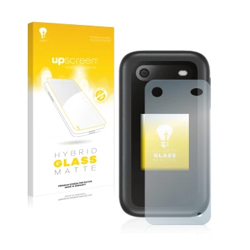 Vorderseite einer Produktverpackung mit dem Markenlogo upscreen. Daneben ist das Gerät Nokia 2660 Flip (Rückseite) mit dem zug