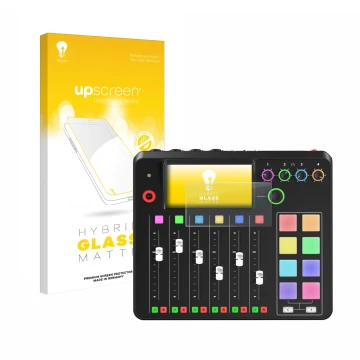 Vorderseite einer Produktverpackung mit dem Markenlogo upscreen. Daneben ist das Gerät Rode Rodecaster Pro II mit dem zugehöri