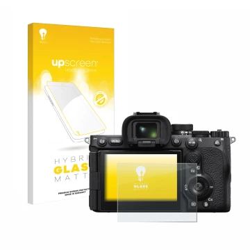 Vorderseite einer Produktverpackung mit dem Markenlogo upscreen. Daneben ist das Gerät Sony Alpha 7R V / a7R V mit dem zugehör