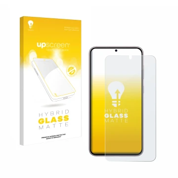 Vorderseite einer Produktverpackung mit dem Markenlogo upscreen. Daneben ist das Gerät Samsung Galaxy S23 Plus mit dem zugehör