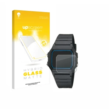 Vorderseite einer Produktverpackung mit dem Markenlogo upscreen. Daneben ist das Gerät Casio F-105W-1AWYEF mit dem zugehörigen