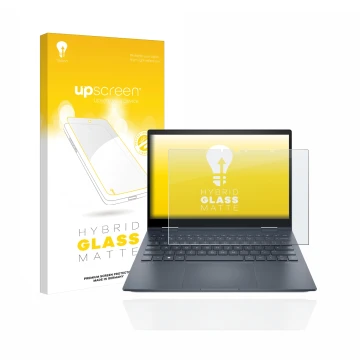 Vorderseite einer Produktverpackung mit dem Markenlogo upscreen. Daneben ist das Gerät HP Envy x360 13-bfxxx mit dem zugehörig