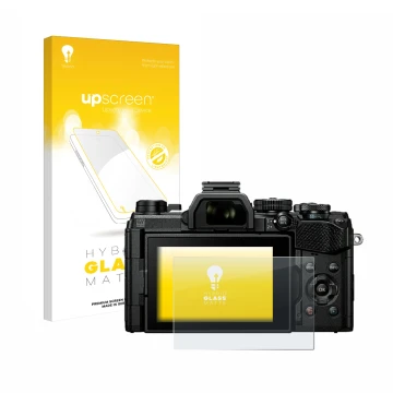 Vorderseite einer Produktverpackung mit dem Markenlogo upscreen. Daneben ist das Gerät Olympus OM System OM-5 mit dem zugehöri