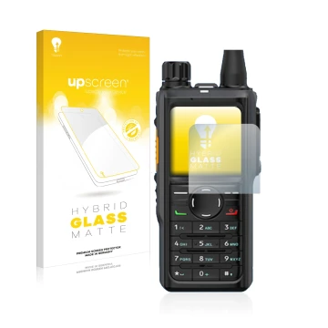 Vorderseite einer Produktverpackung mit dem Markenlogo upscreen. Daneben ist das Gerät Hytera HP 685 mit dem zugehörigen Displ