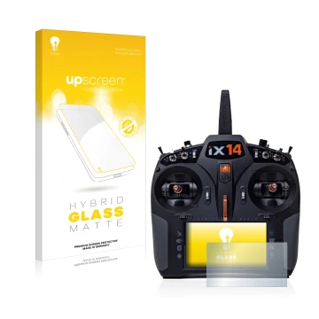 Vorderseite einer Produktverpackung mit dem Markenlogo upscreen. Daneben ist das Gerät Spektrum iX14 mit dem zugehörigen Displ