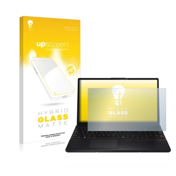 Vorderseite einer Produktverpackung mit dem Markenlogo upscreen. Daneben ist das Gerät Fujitsu Lifebook E5512 mit dem zugehöri