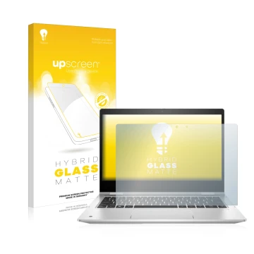 Vorderseite einer Produktverpackung mit dem Markenlogo upscreen. Daneben ist das Gerät HP ProBook x360 435 G9 mit dem zugehöri