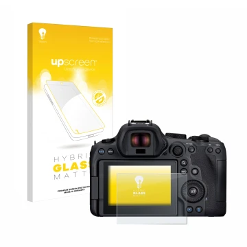 Vorderseite einer Produktverpackung mit dem Markenlogo upscreen. Daneben ist das Gerät Canon EOS R6 Mark II mit dem zugehörige