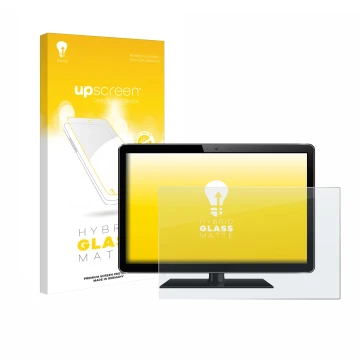 Vorderseite einer Produktverpackung mit dem Markenlogo upscreen. Daneben ist das Gerät mit dem zugehörigen Displayschutz abgeb