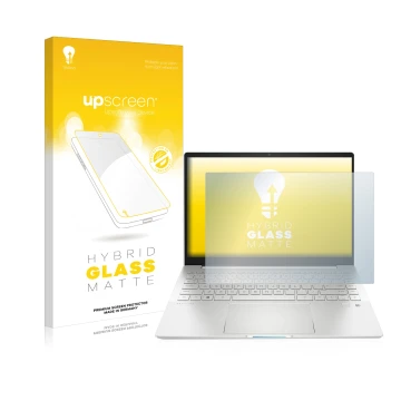 Vorderseite einer Produktverpackung mit dem Markenlogo upscreen. Daneben ist das Gerät HP Pavilion Plus 14-eh mit dem zugehöri
