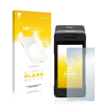 Vorderseite einer Produktverpackung mit dem Markenlogo upscreen. Daneben ist das Gerät myPOS Carbon mit dem zugehörigen Displa