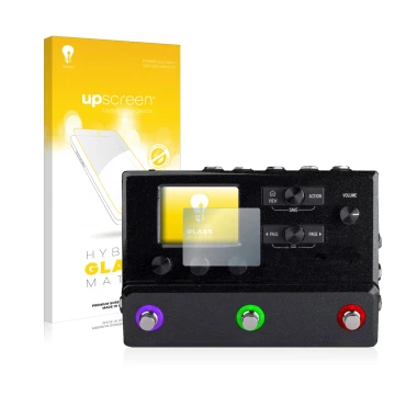 Vorderseite einer Produktverpackung mit dem Markenlogo upscreen. Daneben ist das Gerät Line 6 hx stomp mit dem zugehörigen Dis