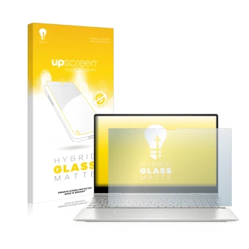 Vorderseite einer Produktverpackung mit dem Markenlogo upscreen. Daneben ist das Gerät HP Envy x360 2-in-1 15-ey mit dem zugeh