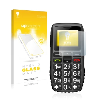 Vorderseite einer Produktverpackung mit dem Markenlogo upscreen. Daneben ist das Gerät artfone C1 + mit dem zugehörigen Displa