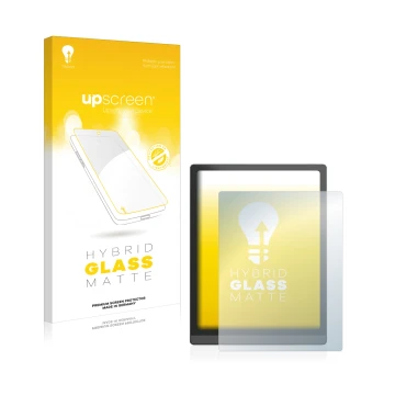 Vorderseite einer Produktverpackung mit dem Markenlogo upscreen. Daneben ist das Gerät Boox Tab X mit dem zugehörigen Displays