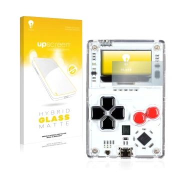 Vorderseite einer Produktverpackung mit dem Markenlogo upscreen. Daneben ist das Gerät Arduboy FX mit dem zugehörigen Displays