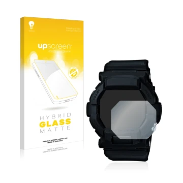 Vorderseite einer Produktverpackung mit dem Markenlogo upscreen. Daneben ist das Gerät Casio G-Shock GD350 mit dem zugehörigen