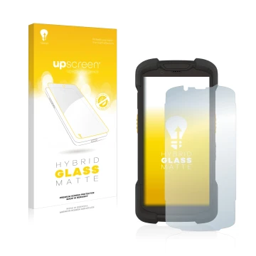 Vorderseite einer Produktverpackung mit dem Markenlogo upscreen. Daneben ist das Gerät Zebra TC73 mit dem zugehörigen Displays