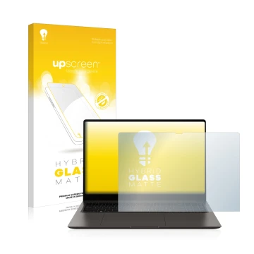 Vorderseite einer Produktverpackung mit dem Markenlogo upscreen. Daneben ist das Gerät Samsung Galaxy Book3 Ultra 16