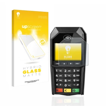 Vorderseite einer Produktverpackung mit dem Markenlogo upscreen. Daneben ist das Gerät ingenico Desk/1600 mit dem zugehörigen 