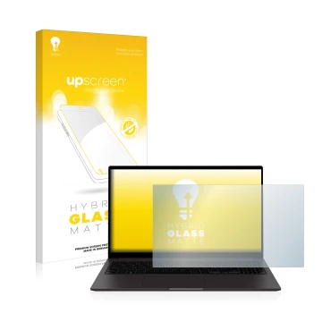 Vorderseite einer Produktverpackung mit dem Markenlogo upscreen. Daneben ist das Gerät Samsung Galaxy Book2 15.6