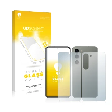 Vorderseite einer Produktverpackung mit dem Markenlogo upscreen. Daneben ist das Gerät Samsung Galaxy S23 (Display+Rückseite) 