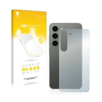 Vorderseite einer Produktverpackung mit dem Markenlogo upscreen. Daneben ist das Gerät Samsung Galaxy S23 Plus (Rückseite) mit