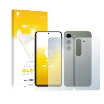 Vorderseite einer Produktverpackung mit dem Markenlogo upscreen. Daneben ist das Gerät Samsung Galaxy S23 Plus (Display+Rückse